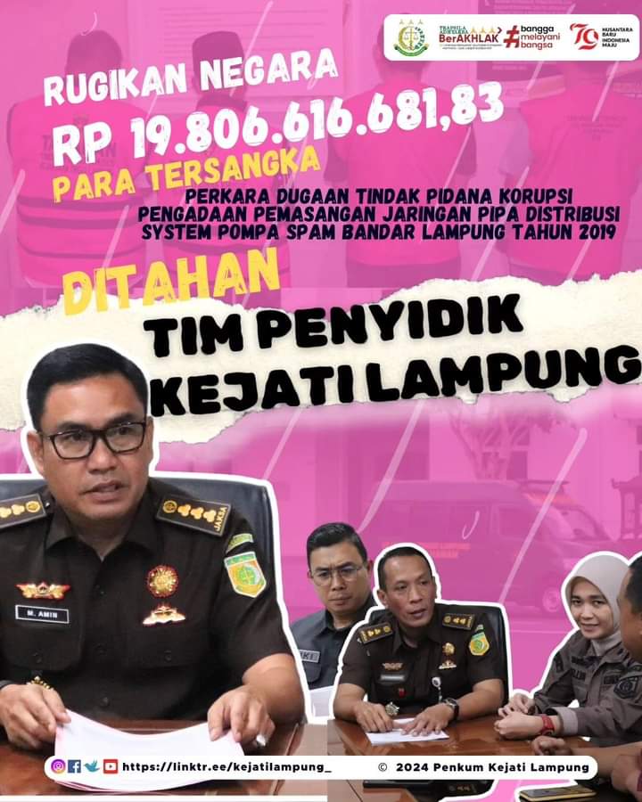 Rugikan Negara Hingga Rp. 19 Milyar Lebih, 5 Orang Tersangka Korupsi Pengadaan Pemasangan Jaringan Pipa Distribusi System Pompa SPAM Bandar Lampung Tahun 2019 Ditahan Tim Penyidik Kejati Lampung